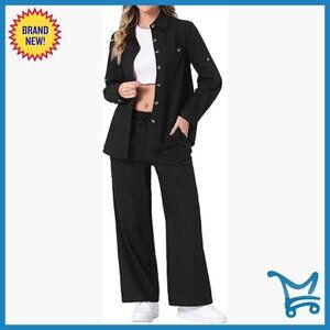 Linen Pant Set 2-Piece Lounge Outfit Button Down Shirt Wide Leg Pants
